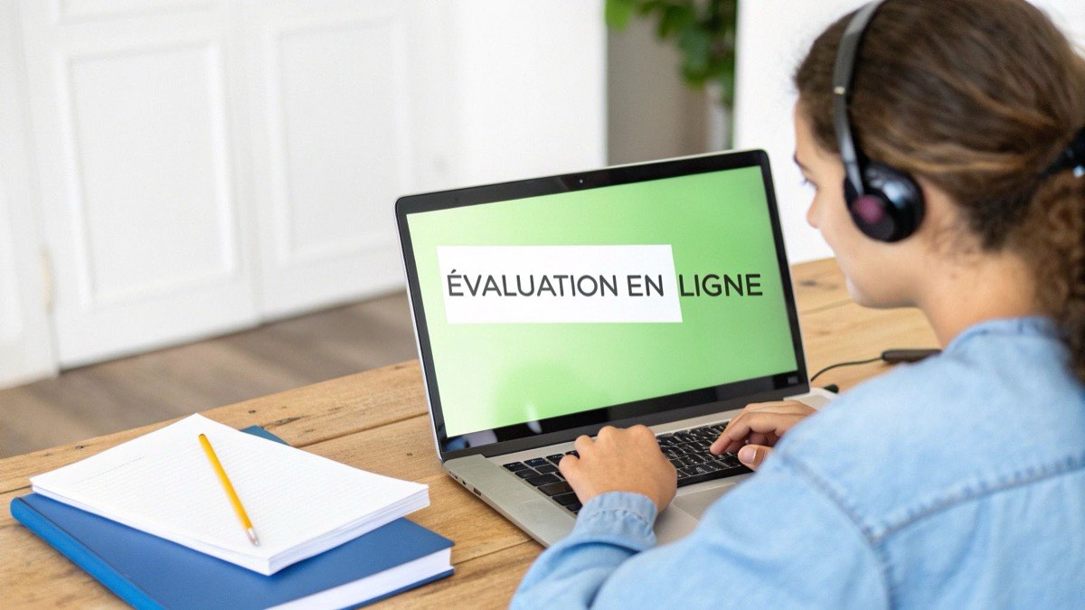 Apprenante passant une évaluation en ligne à la fin d'un module de formation