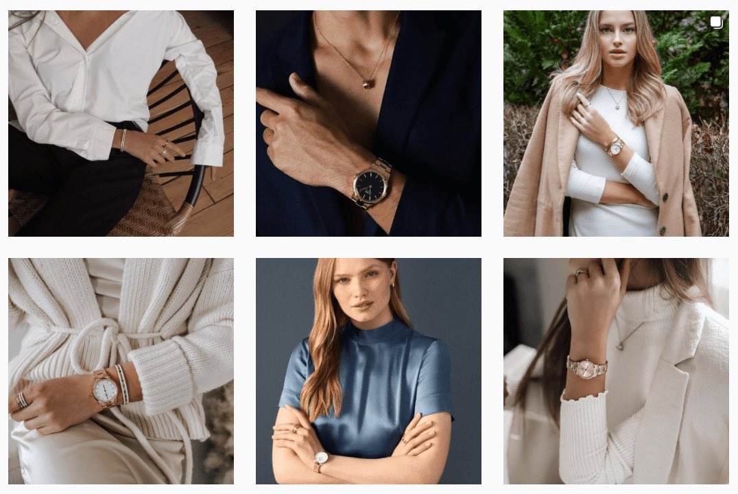 Feed Instagram de la marque Daniel Wellington : six photos de montres portées en situation