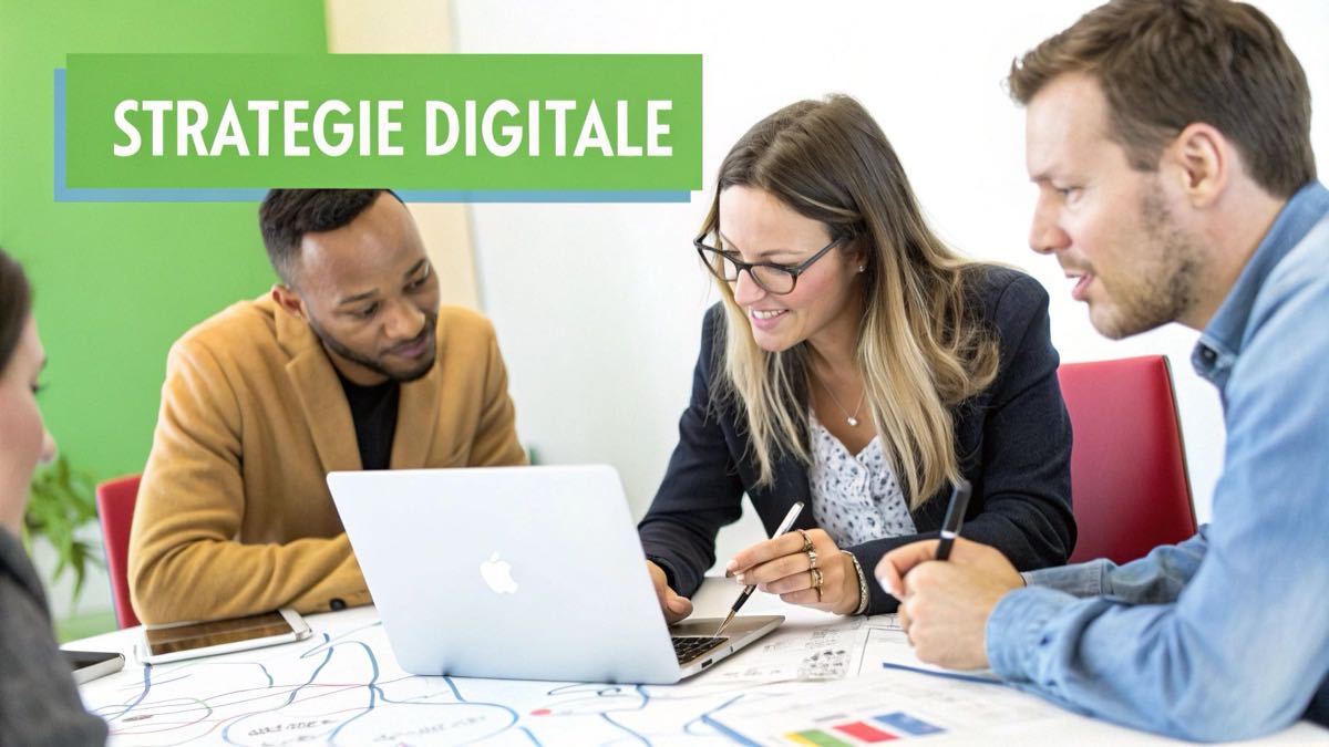 Équipe travaillant sur sa stratégie de publicité sur Instagram autour d'un ordinateur portable